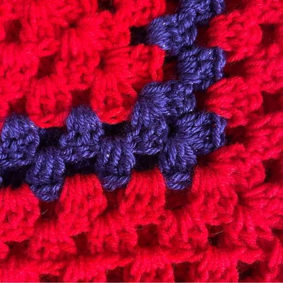 Vintage Handmade Crochet Granny Square Blanket Red Purple Metallic 47" x 47" - Picture 5 of 6